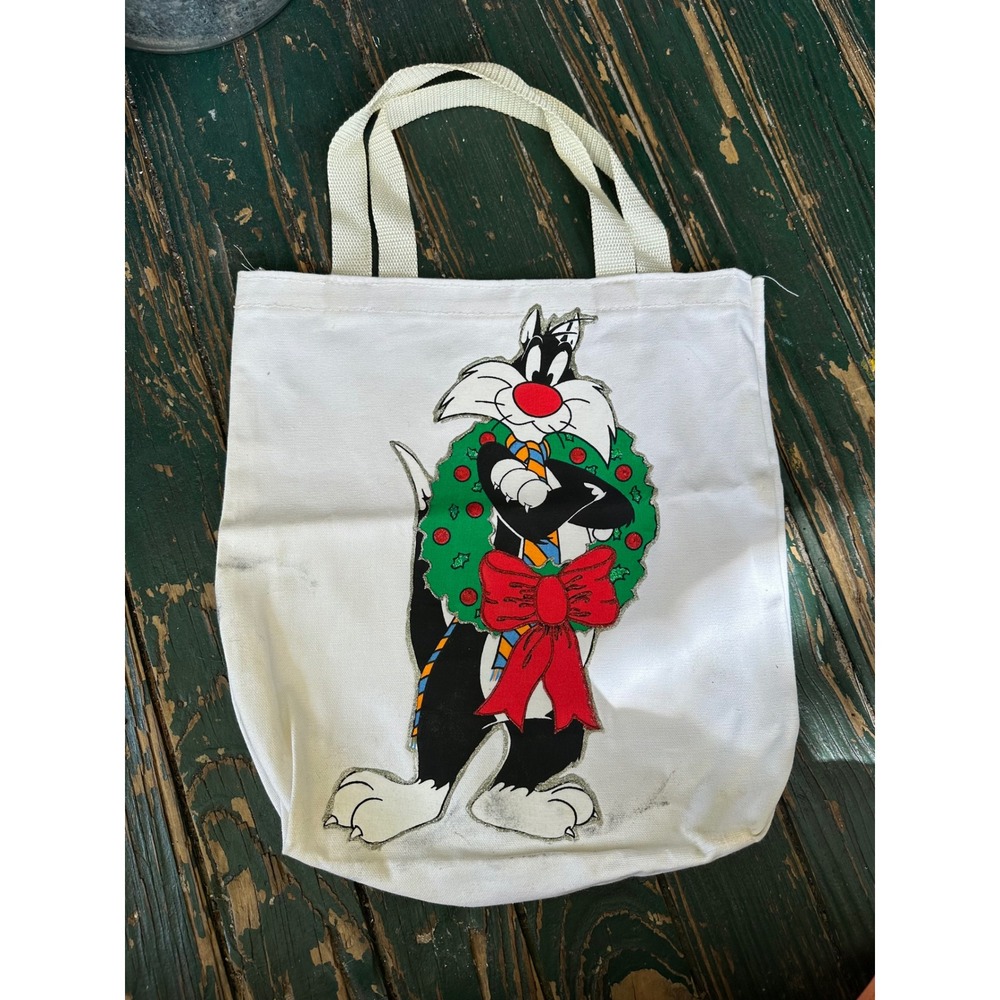 Vintage Looney Tunes Sylvester the Cat Christmas Wreath Canvas Tote Bag White